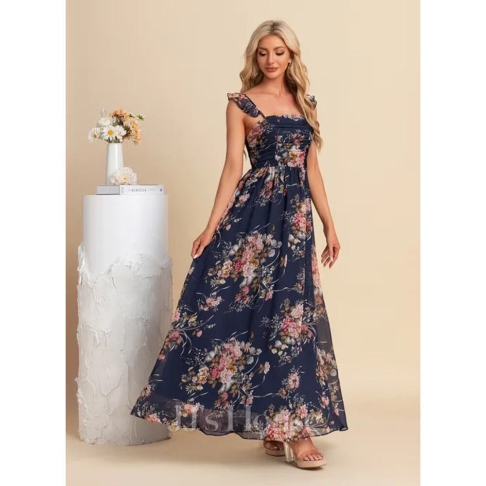 NWT JJ’s House Navy Blue Floral Chiffon Maxi Dress Square Neck A-Line Size M